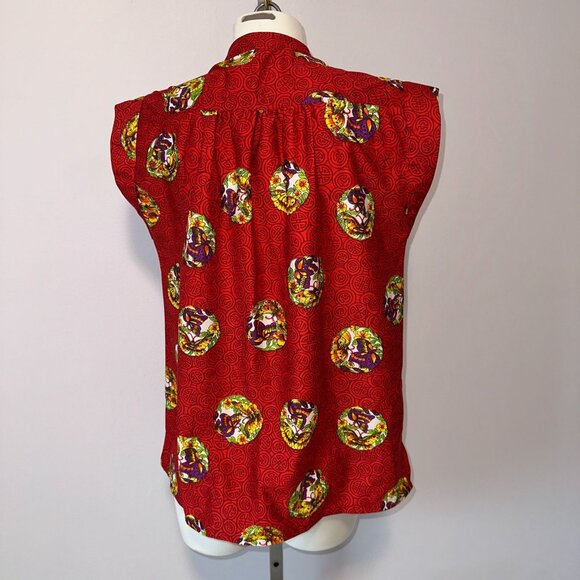 Vtg 70s Red Asian Motif Print Floral Colorful Cap Sleeve Blouse Polyester Size L - Picture 2 of 4